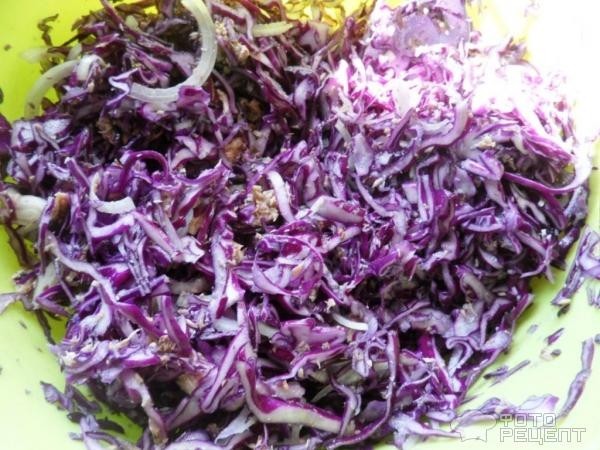 Рецепт: Салат из краснокачанной капусты с сайрой - с репчатым луком и майонезом